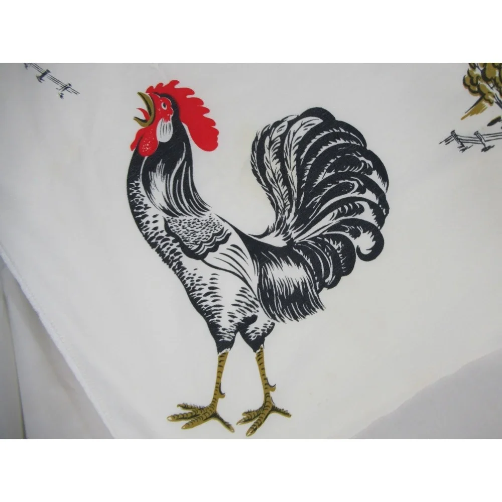Vintage 40s 50s California Hand Prints Rooster Cotton Tablecloth Rectangle 42x51